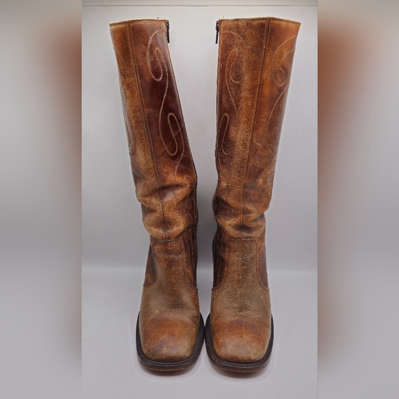 FRYE Vintage Retro Swirl Stitching Tall Chunky High Heel Brown Leather Boots - Picture 3 of 9